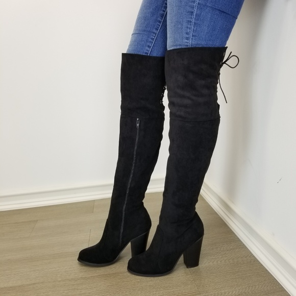 Shoes - Suede Over the knee heel Boots with lace up back